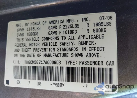 2007 Honda Accord 2.4 Ex z USA, uszkodzony, nr VIN 1HGCM56747A000608